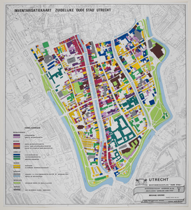 217129 Plattegrond van de zuidelijke binnenstad van Utrecht, met aanduiding in kleuren de diverse bestemmingen ...